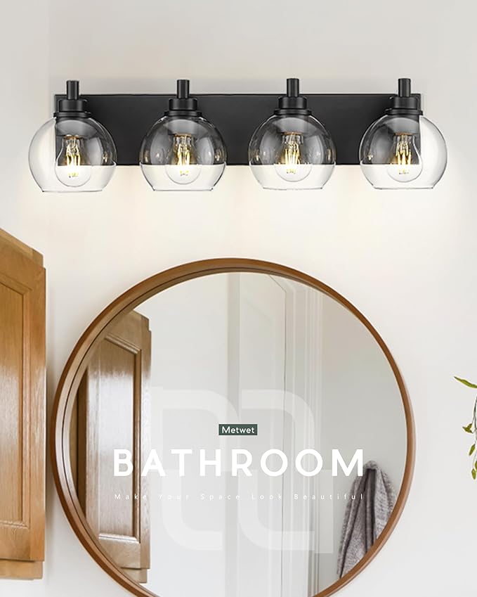 METWET Bathroom Light Fixtures, 4 Light Matte Black Vanity Light, 26 Inch Modern Wall Sconces with Globe Clear Glass Shade, Vanity Lighting Fixtures Over Mirror, VL195-MB-CL-4