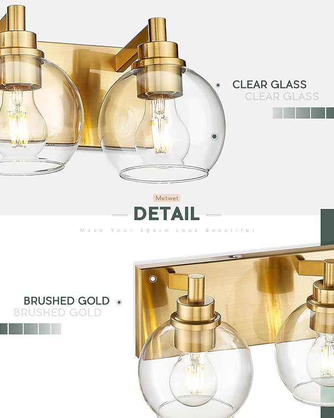 METWET Bathroom Light Fixtures, 4 Light Brushed Gold Vanity Light, 26 Inch Modern Wall Sconces with Globe Clear Glass Shade, Vanity Lighting Fixtures Over Mirror, VL195-BG-CL-4
