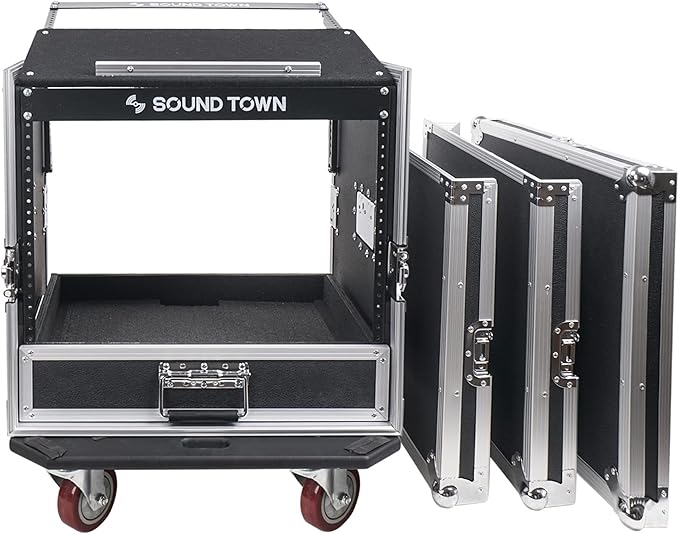 Sound Town 10U PA DJ Pro Audio Rack/Road ATA Case with 2U Drawer, 11U Slant Mixer Top, DJ Work Table, Casters, Pro Tour Grade (MR-DR10U)