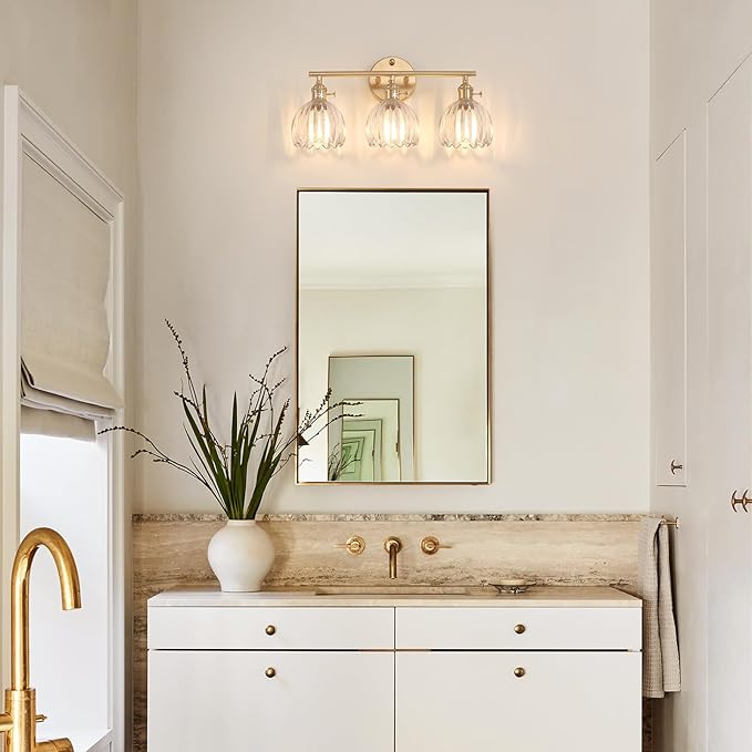 Shenmoyl Bathroom Light Fixtures, 3-Light Brass Vanity Wall Light Over Mirror with Clear Tulip Glass Shade for Bedroom Living Room (Bulb Not Included)