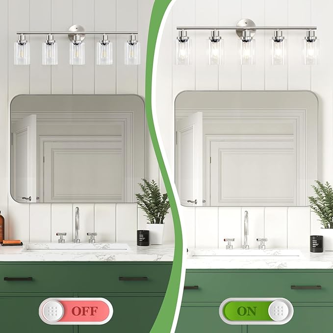 Guliaofo 5-Light Bathroom Vanity Lights, E26 Modern Brushed Nickel Bathroom Light Fixtures with Clear Glass Shade, Mirror Kitchen Hallway Cabinet Living Room Sconces Wall Lights