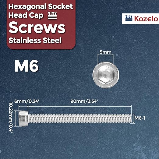 Kozelo 5pcs Socket Head Cap Screws - [M6-1 x 90mm] 304 Stainless Steel Allen Socket Drive for Electrical Motor 3D Printing Fan Engine Replacement Use, Silver