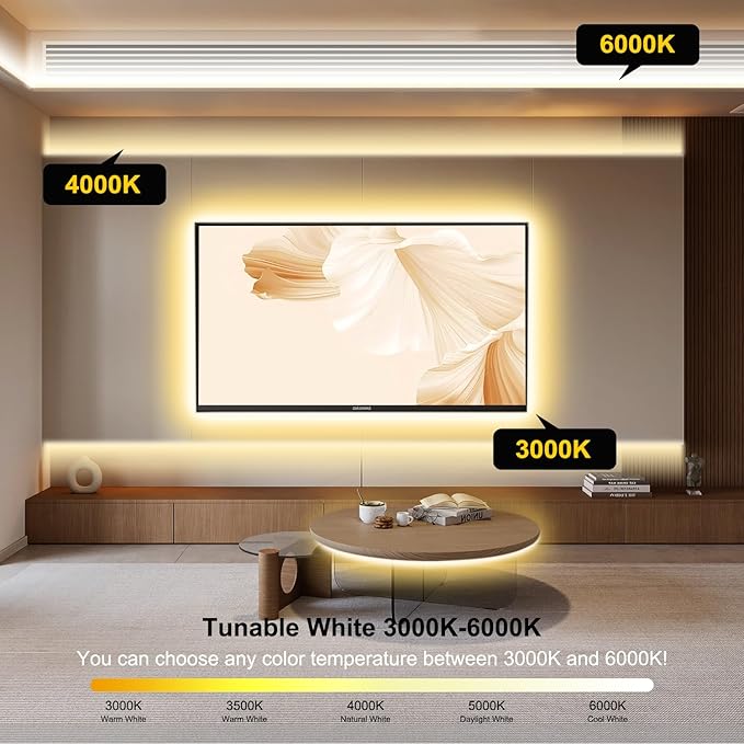 Pandery COB LED Strip Light,CCT Dimmable Strips Light,2700K-6500K,50ft/15m,8mm Wide,CRI90+ 24V LED Strips Kit with Bluetooth APP Control/Music Mode,for Bedroom,Kitchen,DIY Lighting