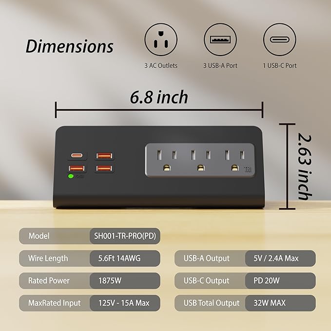 Upgraded Version Edge Mount Power Strip with USB-C Ports Tabletop Surge Protector Desk Clamp Power Sockets with 3 AC Outlets &4 Fast Charging USB Ports for Home Office Hotel Dormitory (White- 2pack)