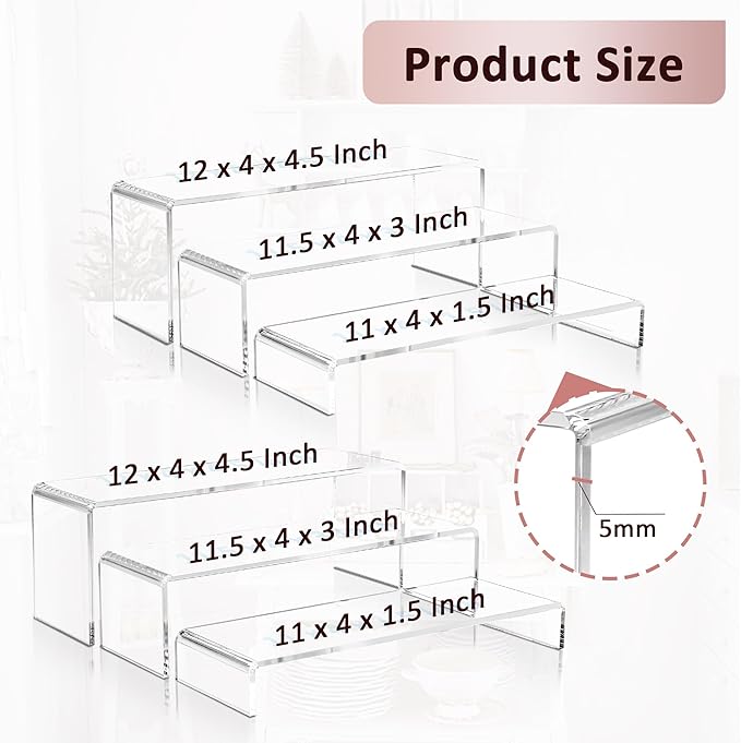 LFTYTUO 2 Set Large Acrylic Clear Display Risers, 3 Sizes 12" Rectangular Showcase Collectibles Display Shelf, 5mm Thick Desktop Display Stand Holder for Figures, Jewelry, Perfume, Toys