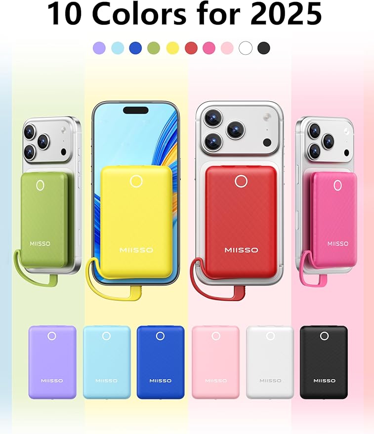 miisso 10000mAh Mini Portable Charger with Built in Cable, Pocket Size Power Bank Travel External Battery Pack for Phone, 3 Output USB Type C Cord Clutch Compatible with iPhone, Samsung, Deepblue