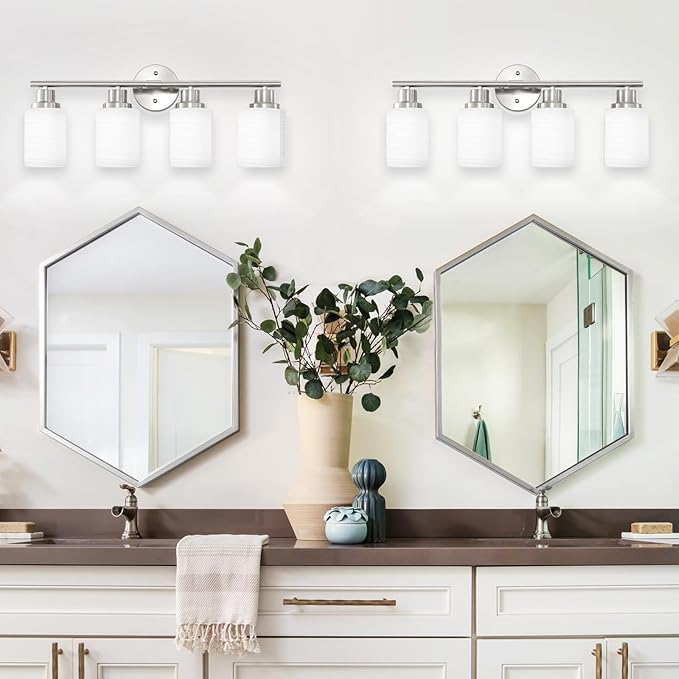 Guliaofo 4-Light Brushed Nickel Vanity Lights for Mirror, Bathroom Light Fixtures with Textured Milky White Glass Shade, Modern Kitchen Light Fixtures Wall Sconce Light - E26 Base