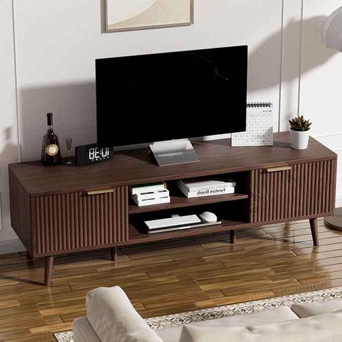 SHGJ&SOFT Storable TV Stand 65 Inch,Mid Century Modern TV Console Two Cabinet Doors with Open Partition in The Middleby by Wooden for Living Room,Bedroom. (Brown, 1PC)