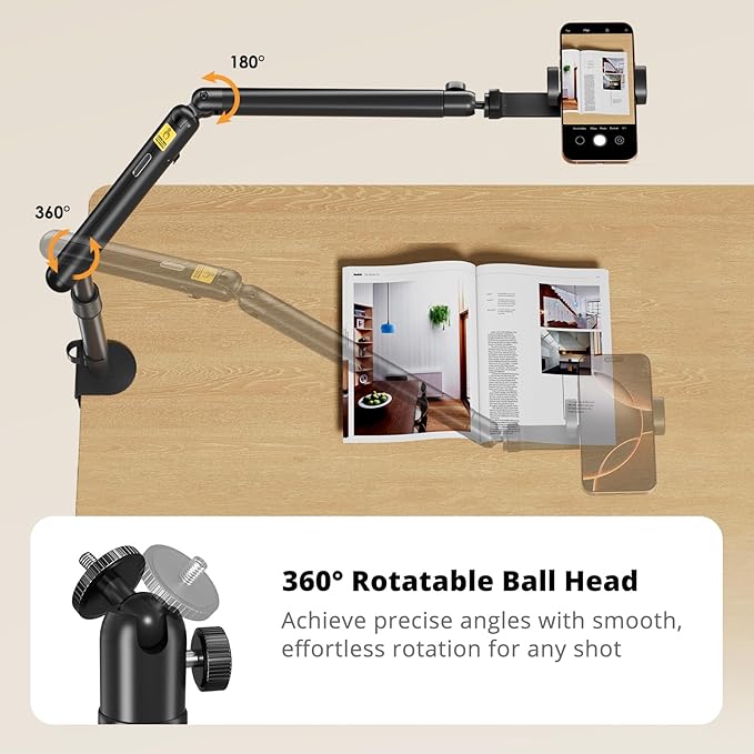 SupeDesk Overhead Camera Mount, Adjustable Desk Mount with Flexible Aluminum Spring Arm, 360° Ball Head, 1/4" 3/8" Screw & Phone Clamp for DSLR Cameras, Light, Heavy Microphones, and Smartphones