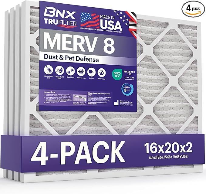BNX TruFilter 16x20x2 Air Filter MERV 8 (4-Pack) - MADE IN USA – Dust & Pet Defense Electrostatic Pleated Air Conditioner HVAC AC Furnace Filters for Dust, Pet, Mold, Pollen MPR 600 – 700 & FPR 5