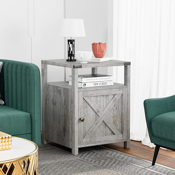 HOSEOKA Farmhouse Nightstand with Charging Station, Grayish White End Table Bedroom with Storage Living Room Side Table Beige Night Stand Industrial Bedside Bed Table with USB Ports and Outlets