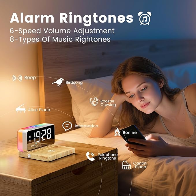 CHOUYONL Alarm Clocks for Bedrooms with Wireless Charger Station, Bluetooth Speaker, Woodgrain, White Noise Sound Machines, RGB Night Lights, Ideal Gift for Adult Man Women Teen Girls Boys