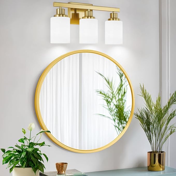 DIKAIDA 3-Light Gold Bathroom Light Fixtures, Modern Vanity Light with Milky White Glass Shade, Gold Wall Lamp Sconces for Mirror, Bedroom, Living Room, Hallway