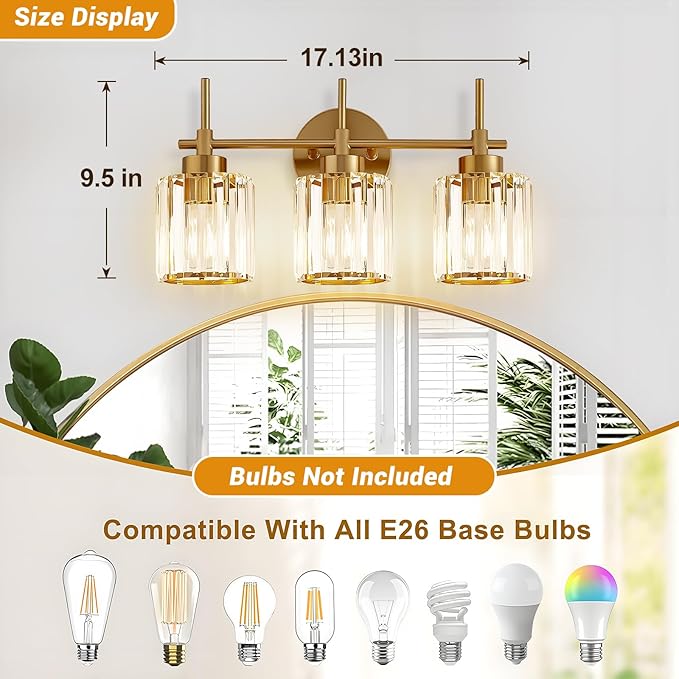 EJIAXIN Bathroom Lighting Fixtures, 3 Light Gold Bathroom Light Fixtures with Clear Shades Modern Crystal Vanity Light Bath Room Vanity Lighting Over Mirror Wall Light