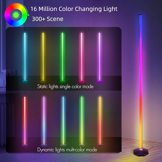 PTVGS LED RGB Corner Lamp: Smart RGB LED Corner Floor Lamp Adjustable Height with 16 Millon RGBWIC Color Changing Lights 300+ Scene,Music Sync&Timer,Ambient Lighting for Living Room,Bedroom,Game Room