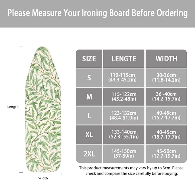 ZCFYGDX Ironing Board Cover Decor 17x49 Inch, Iron Board Cover with Nose Pocket, Nylon Buckle Fastening Stain Resistant Scorch Resistant,Protection Covers with Elastic Edge Fresh Green Leaf Print