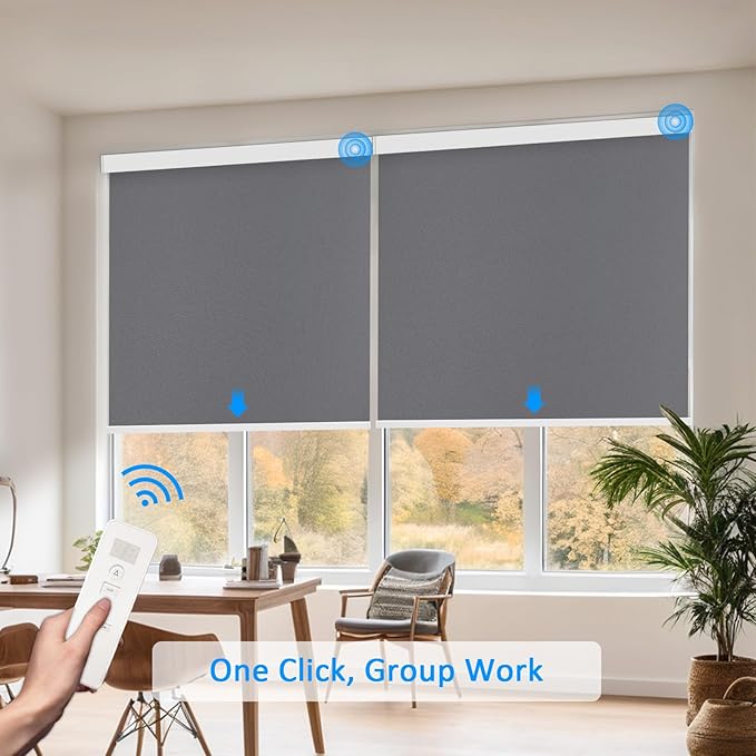 COOLWINDS Motorized Blinds with Remote Cordless Automatic Motorized Shades Custom Blinds for Windows Smart Curtains Compatible with Alexa Google Home(Blackout Thunder Grey,W44 x H72in)