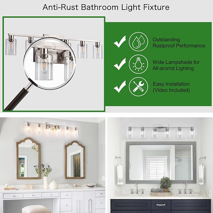 SOPEAS 6-Light Bathroom Light Fixtures, Vanity with Clear Glass, Brushed Nickel Lighting Fixtures Over Mirror, 42inch Large Lights for Bathroom