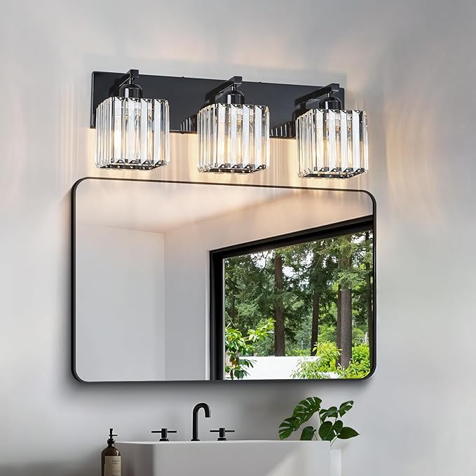 FDPBY Modern Bathroom Vanity Light 3-Lights Plating Black Crystal Bathroom Wall Light Vanity Light Fixtures