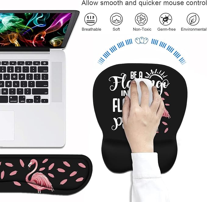 Mouse Pad Wrist Support and Keyboard Wrist Rest Set with Coasters, Inspirational Quote Be a Flamingo in a Flock Pigeons with Non-Slip PU Base Ergonomic Mousepad for Computer Laptop Home Office