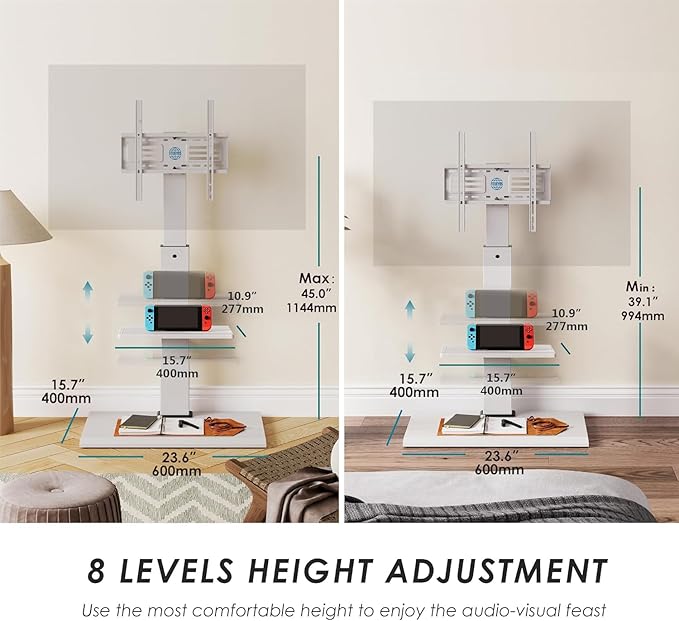 FITUEYES Floor TV Stand with Mount for 32-55 65 Inch TV, Height Adjustable TV Floor Stand with Metal Shelf up to 88lbs, Swivel Tall TV Stand with Study Iron Base for Living Room, Bedroom