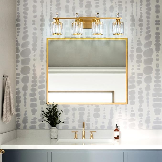 FDPBY Bathroom Vanity Lights 4-Light Gold Modern Crystal Vanity Light Fixtures Over Mirror Crystal Bathroom Vanity Lighting Fixtures