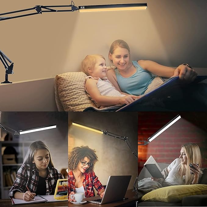 NOEVSBIG LED Desk Lamp with Clamp,2-in-1 Clamp on Desk Lamps with Base,50.7" Adjustable Swing Arm Architect Desk Lamp,Memory Function Desk Lights for Home Office,Workbench,Reading,Craft,Drafting