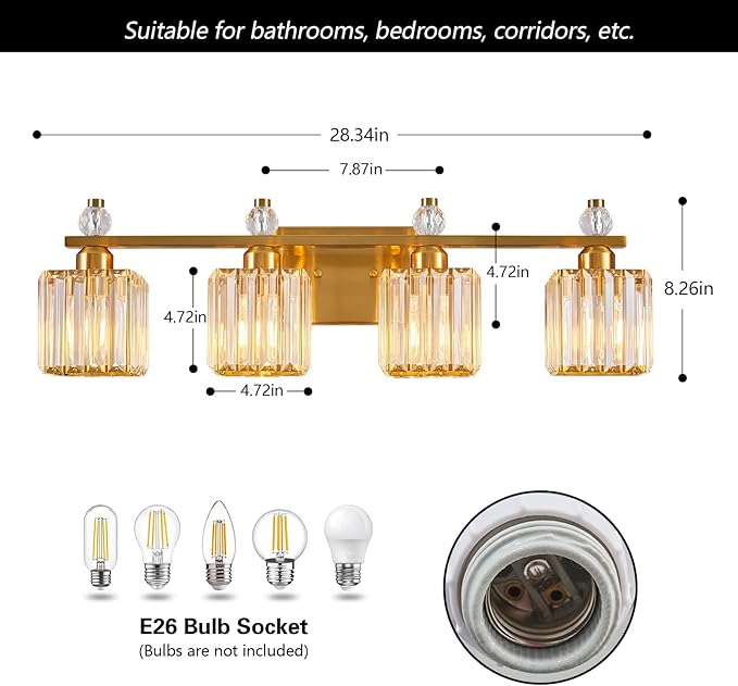 FDPBY Vanity Lights 4-Light Modern Crystal Vanity Light Gold Bathroom Light Fixtures Over Mirror Crystal Bathroom Vanity Lighting Fixtures