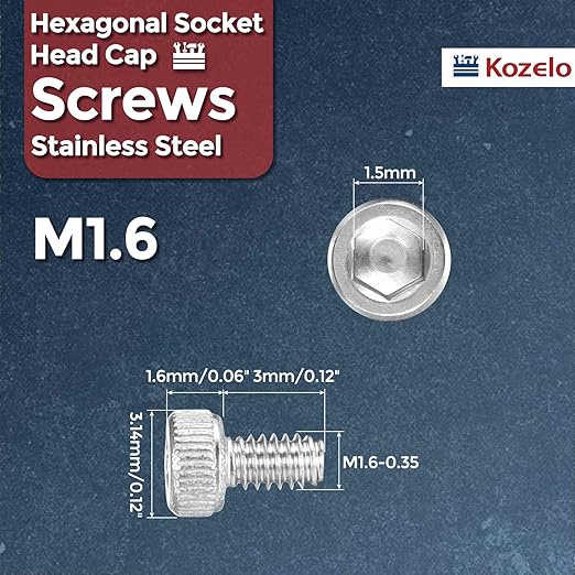 Kozelo 100pcs Socket Head Cap Screws - [M1.6-0.35 x 3mm] 304 Stainless Steel Allen Socket Drive for Electrical Motor 3D Printing Fan Engine Replacement Use, Silver
