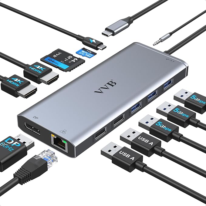 USB C Laptop Docking Station Dual Monitor HDMI for Dell/HP/Lenovo Laptop Type C Hub Multiport Adapter Dongle Dock,USB C to 2 HDMI+DisplayPort DP+Ethernet+100W USB C Power Charge Port+5USB+SD/TF+Audio