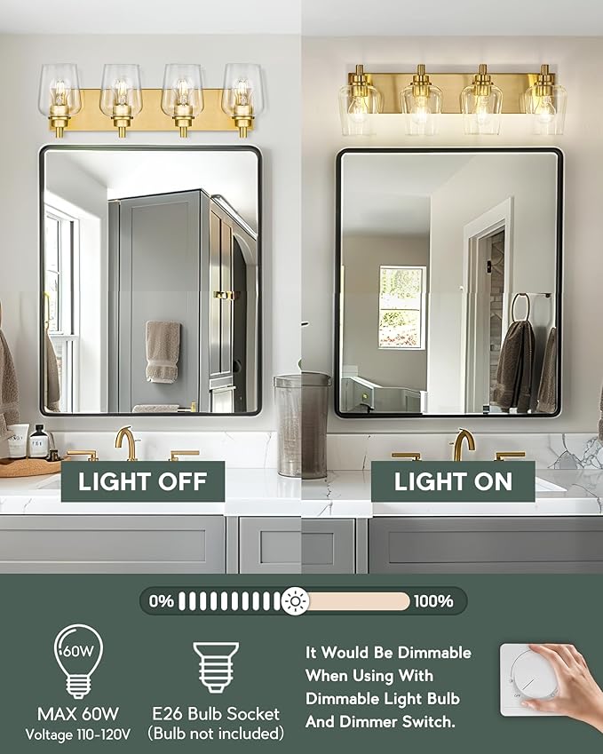 METWET Bathroom Light Fixtures, 4-Light Modern Vanity Light with Clear Glass Wine Glass-Shaped Shade, Vanity Lighting Fixtures Over Mirror, Brushed Gold, VL155-BG-4