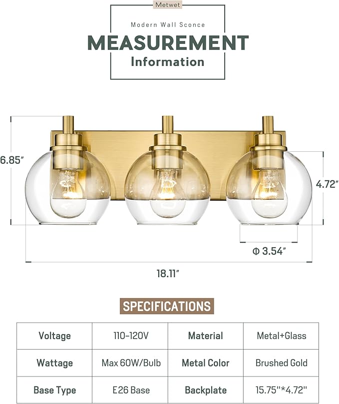 METWET Bathroom Light Fixtures, 3-Light Brushed Gold Vanity Light, Modern Wall Sconces with Clear Glass Globe Shade, Bathroom Wall Lights for Mirror Kitchen Bedroom Hallway Living Room, VL195-GD-3