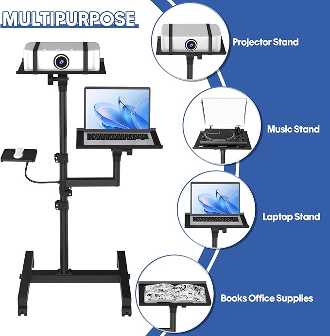 GSOW 2 Shelves Mobile Projector Stand, Rolling Laptop Stand Adjustable Height to 47 Inches, Podium Stands with Ventilated Tray, Heavy Duty, Laptop Floor Stand for Office, Home, Stage, DJ