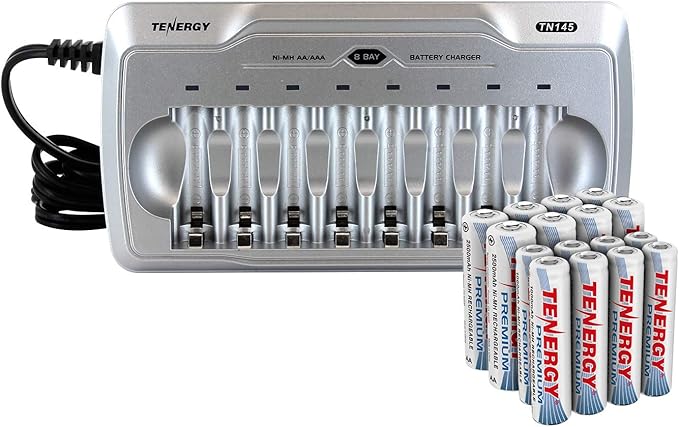 Tenergy TN145 8-Bay AA/AAA NiMH/NiCd Charger + 8xAA & 8xAAA Premium Batteries Combo