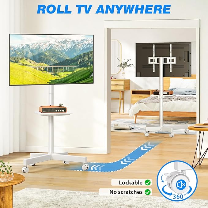 Rfiver Mobile TV Stand for 23-60 Inch LCD LED Flat/Curved Panel Screen TVs up to 88 lbs, Rolling TV Stand with Adjustable Shelf & Tilt, Portable Floor Stand on Wheels for Bedroom, Living Room, White