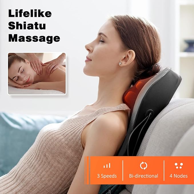 Boriwat Back and Neck Massager with Heat - 3D Kneading Massage Pillow for Neck, Shoulder, Leg Pain Relief - Gifts for Men, Women, Mom, Dad - Relax at Home, Office, Car - Dark Gray