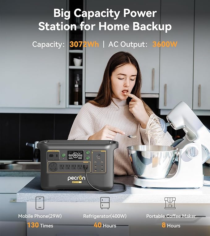 Pecron Portable Power Station F3000LFP with 3072Wh Extra Battery, 200W Solar Panel*1, 3072Wh Solar Camping Generator, 3600W Solar Generator for RV, Home Use, CPAP