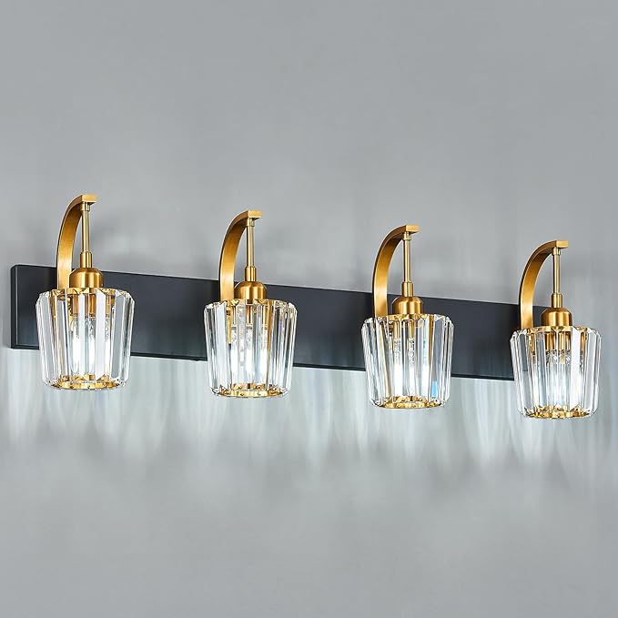 FDPBY Modern Bathroom Vanity Light, 4-Light Black Gold Wall Sconce with Crystal Accents, Over Mirror Bathroom Lighting Fixture, 32.67" Long Dimmable Vanity Lamp for Makeup, Easy Installation
