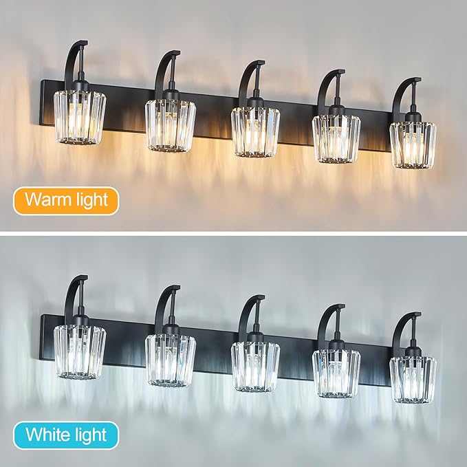 FDPBY Modern Bathroom Vanity Light, 5-Light Black Wall Sconce with Crystal Accents, Over Mirror Bathroom Lighting Fixture, 42.51" Long Dimmable Vanity Lamp for Makeup, Easy Installation