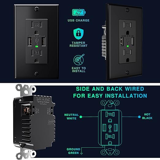 EverElectrix 2-Pack 4.8A Black Wall Outlet With USB Ports - 15Amp Duplex Tamper Resistant Charger, UL Listed, Electrical Receptacle With Dual USB