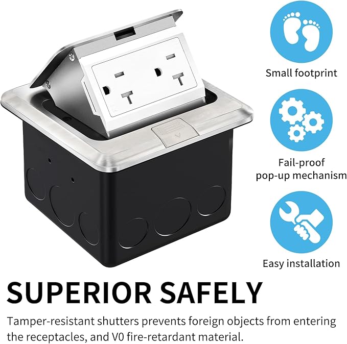 Vagueior Recessed Floor Electrical Outlet Kit,Waterproof Electrical Outlet Covcer Box,Hidden 20A Tamper-Resistant Receptacle Outlet with Slow Elastic Damping，ETL Certified,Stainless Steel (2 Pack)