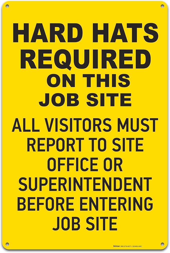 Brimar - 12" x 18" - Hard Hats Required on Job Site Sign - .063″ White Rust-Free Aluminum - High Visibility - Easy Installation