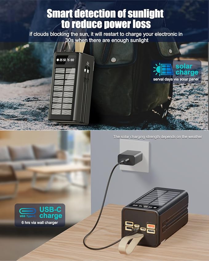 Feidyns 90000mAh Solar Battery Charger, 35W Fast Charging Solar Power Bank,Built-in USB-C/Lightning Cables for Camping,Travel,Emergencies,Tech Devices| 9-Port PD/USB-C, LED Flashlight