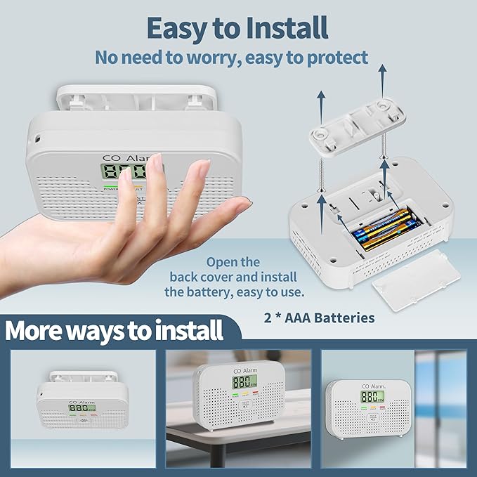 Carbon Monoxide Detector Powered by AA Battery (not Included),CO Monitoring Alarm with LCD Display Screen, Used for Home Basement Kitchen, Hotel Garage, Bedroom, Living Room Voice Alarm 3 Pack