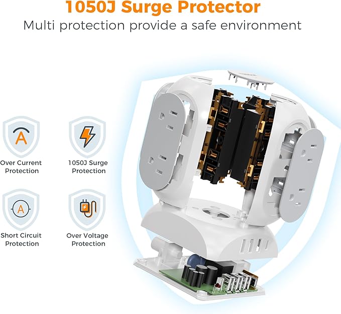 TESSAN Surge Protector Power Strip Tower, Flat Plug Extension Cord 10 Ft with 8 AC Multiple Outlets 4 USB Ports (1 USB C), 1050J Protection Desk Charging Station for Home, Office Supplies, Dorm Room