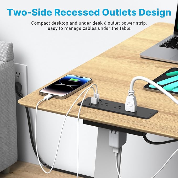 CCCEI 6 Outlets Dual Side Recessed Power Strip with 45W USB C Port, Furniture Flush Mount, Under Desk, Desk Top Multiple Outlet, Hidden Charging Station for Conference Table, Nightstand, Black. 10FT.