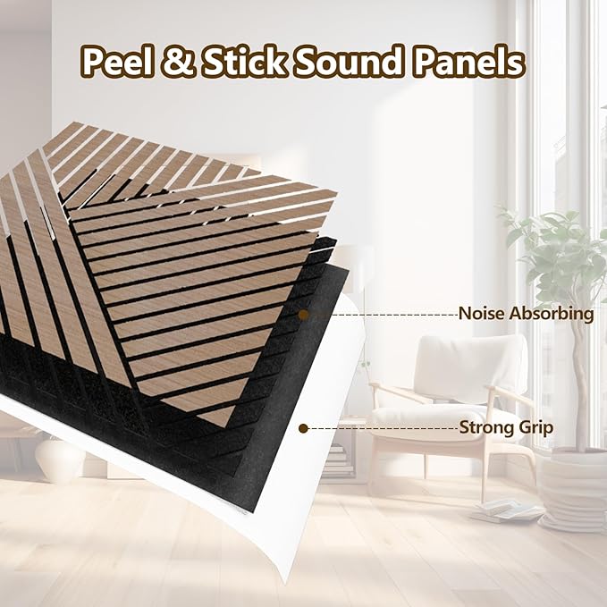 ARMURO 4 Packs Acoustic Wall Panels - Self-Adhesive 3D Wood Slat Wall Panel- Peel and Stick Sound Absorbing Panels for Noise Reducing - Feature Wall Decor for Home & Office