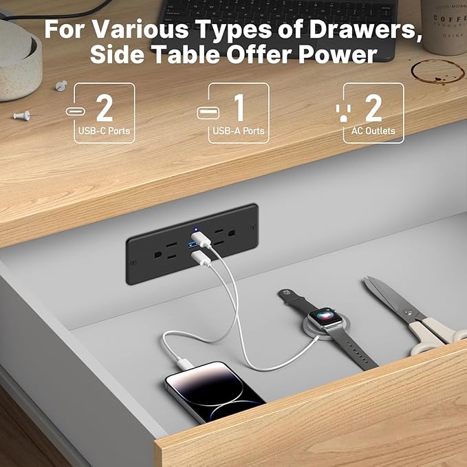 CCCEI Recessed Power Strip with Outlet and 65W USB C Ports, Furniture Flush Mount Power Strip, Small Desk Hidden Outlet for Conference Table, Nightstand, Black, 6FT.