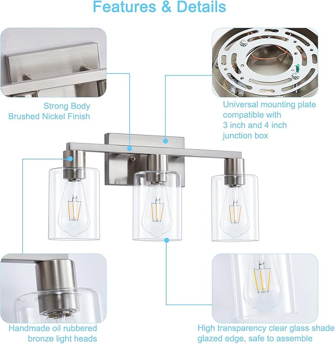 SOPEAS 3-Light Vanity Lights,Brushed Nickel Vanity Light,with Clear Glass Shade for Bathroom Light Fixtures, Bathroom Light Fixtures Over Mirror