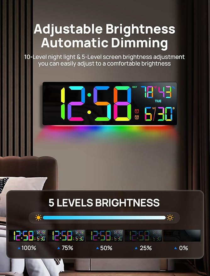 18.5" Large Digital Wall Clock with Remote Control, Big LED Display Digital Clocks with Night Light, Alarm, Countdown, DST, Temp, Date for Living Room, Bedroom, Office, Gift for Seniors(Black)